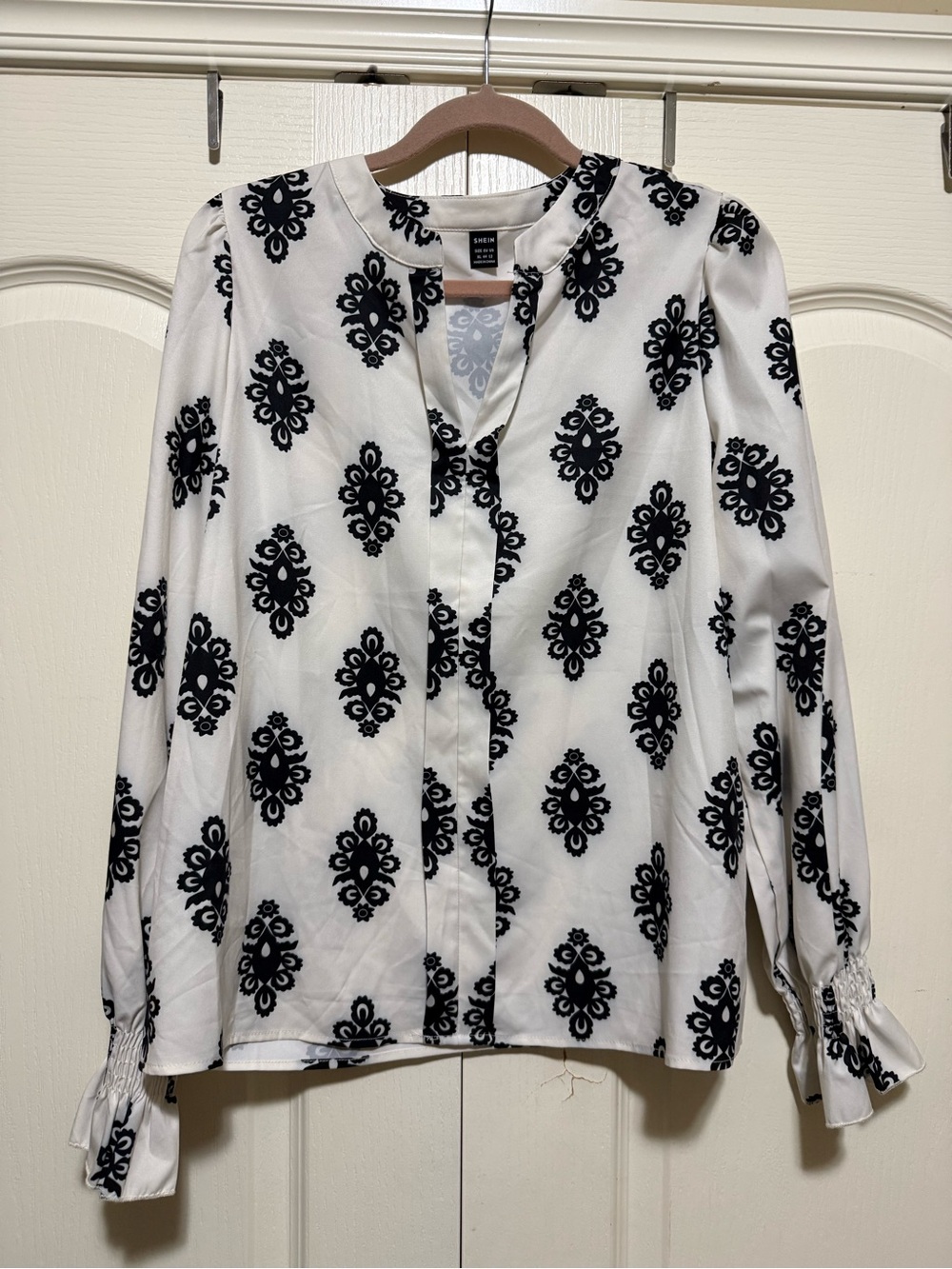 SHEIN White Blouse with Black Medallion Print